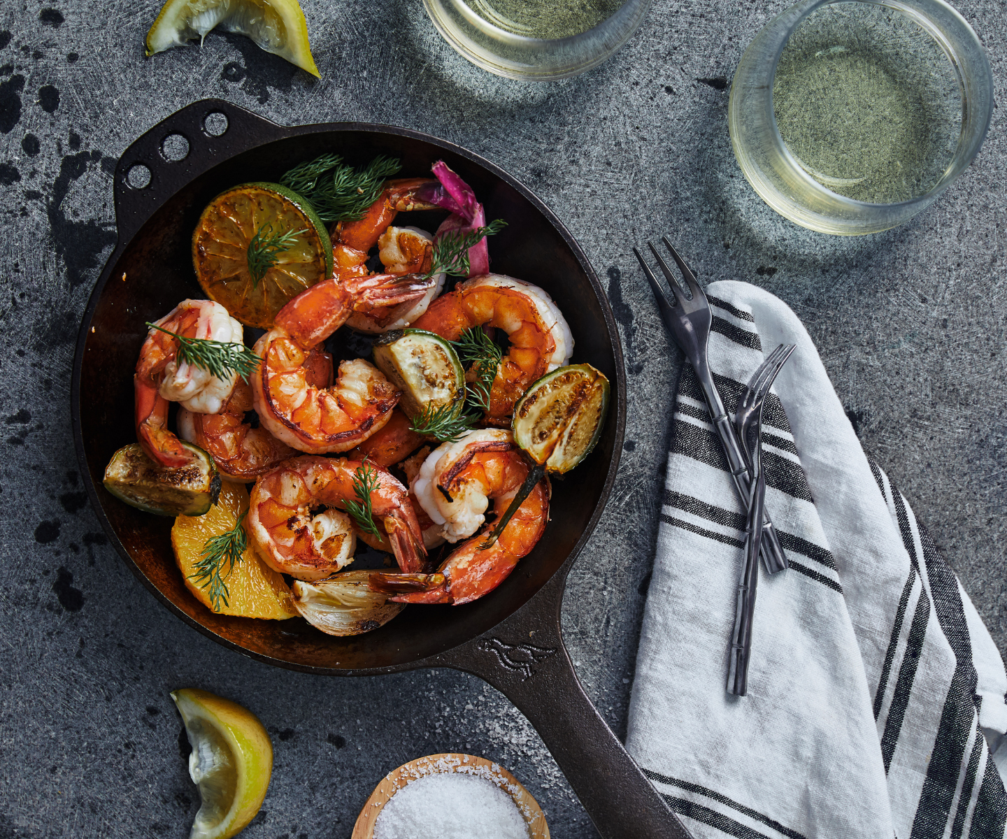 sautéed shrimp in a cast iron with citrus