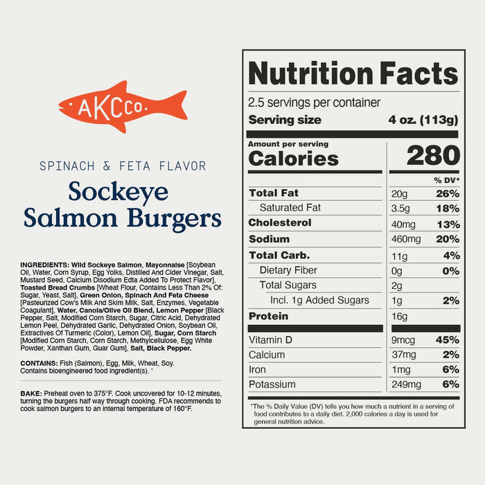 Nutrition facts label for Sockeye Salmon Burgers with Alaskan King Crab logo on a white background