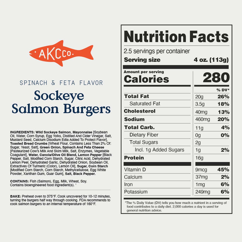 Nutrition facts label for Sockeye Salmon Burgers with Alaskan King Crab logo on a white background