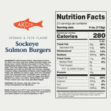 Nutrition facts label for Sockeye Salmon Burgers with Alaskan King Crab logo on a white background