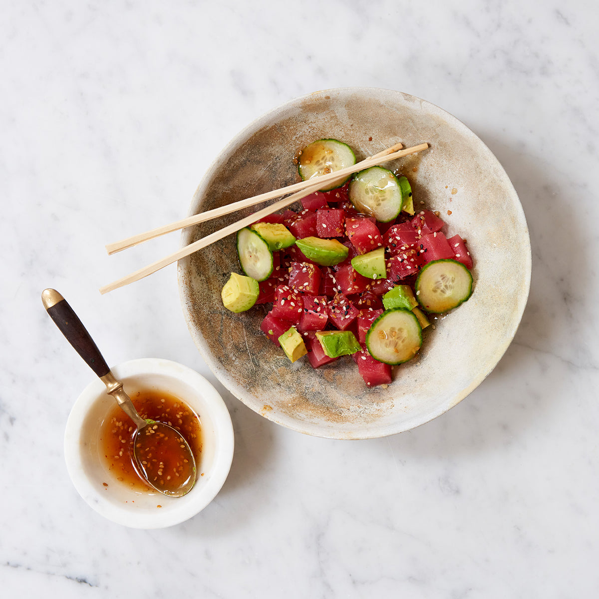 Cucumber and ahi tuna in a bowl 
