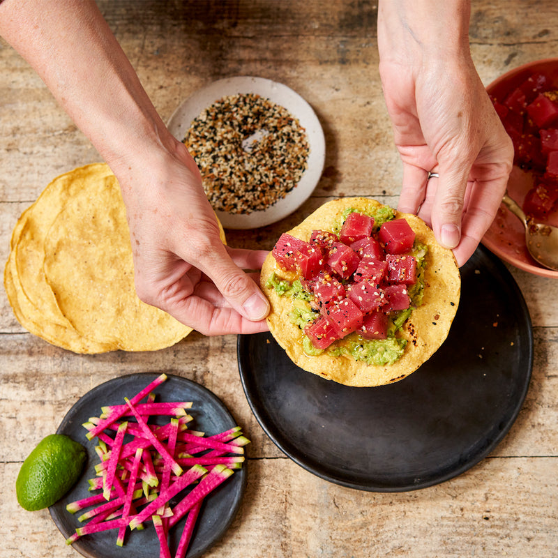 Ahi tuna and guacamole in a tortilla 