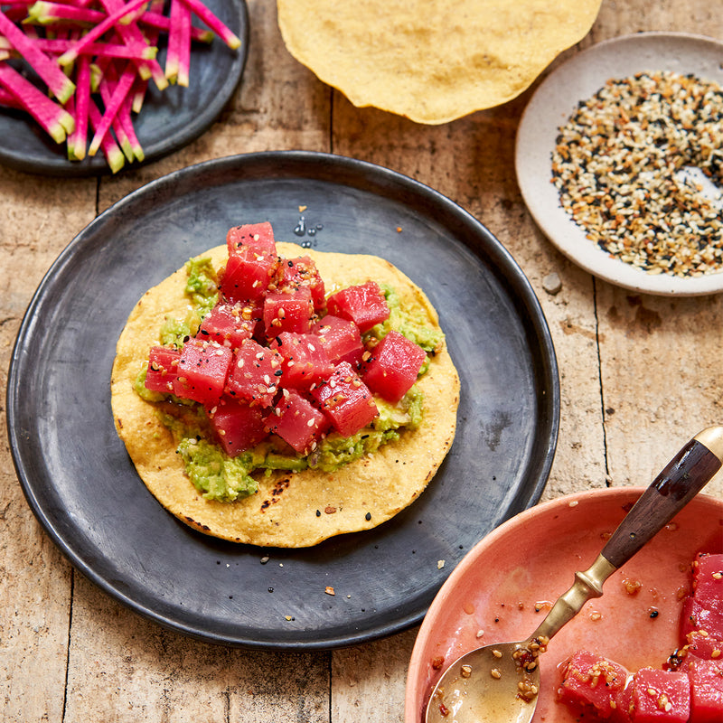 Ahi tuna, sesame seeds, and guacamole in a tortilla 