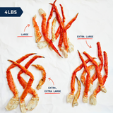 Comparison of crab legs labeled 'Large', 'Extra Large', and 'Extra, Extra Large' on a white background.